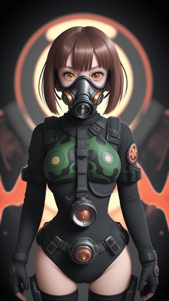 AI generated: complex background portrait of little 
infrahuman woman. Wearing a gas mask. Prominent eyes, complex...