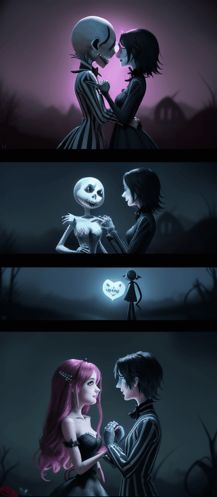 AI generated: The Nightmare Before Valentines Day, Jack Skellington and Sally showing affection, glowing hearts, a...