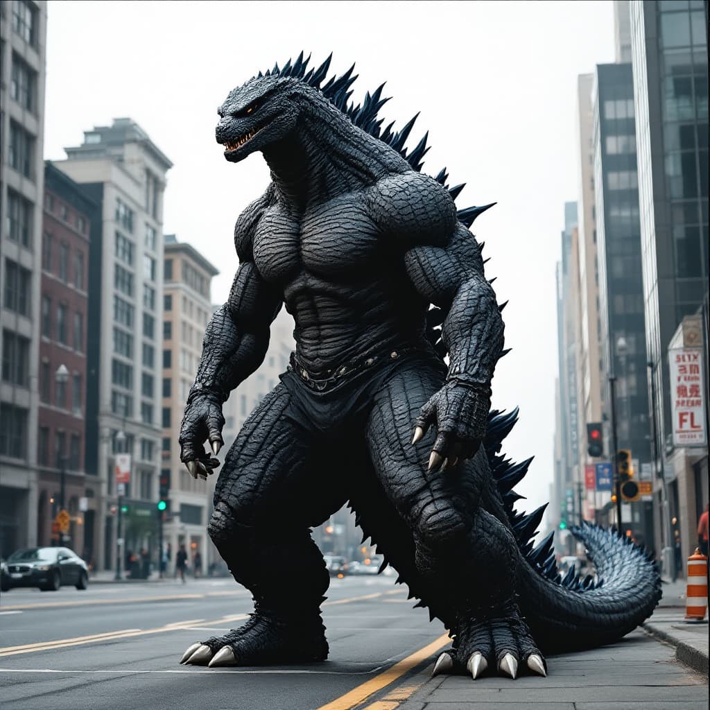 AI generated: very fit and athletic godzilla standing in an empty city street hi full front view dressed in gym at...