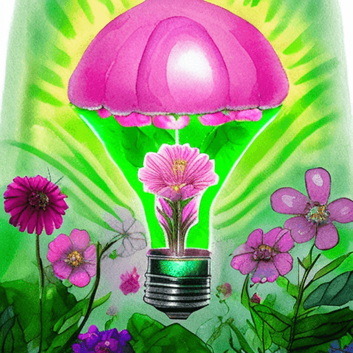 AI generated: Hyper realistic tiny flower garden inside of a pink lightbulb, flickering lights, iridescent vapor, ...