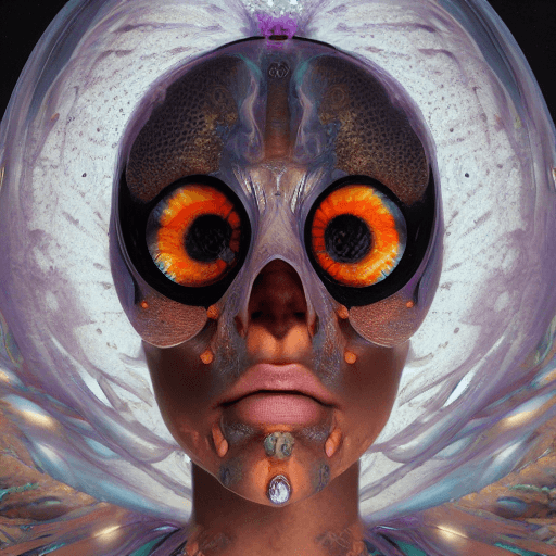 AI generated: Goddess close-up portrait ribcagel. jellyfish phoenix head, nautilus, orchid, skull, betta fish, bio...