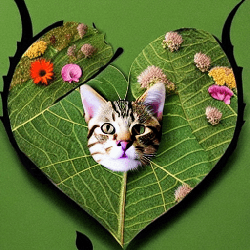 AI generated: A realistic photo of a cat made out of leaves and flowers the outline is shaped as a heart
