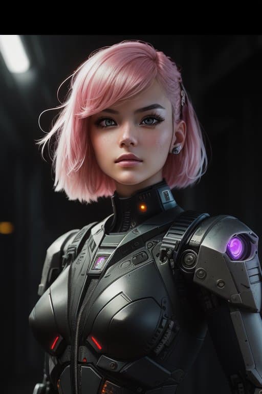 AI generated: an analog style picture of a postapocalypse swpunk synthwave style female cyborgdiffusion killing ma...