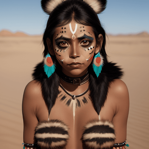 AI generated: High resolution photography Image of a young indigenous woman, with face paint, black hair, brown bi...