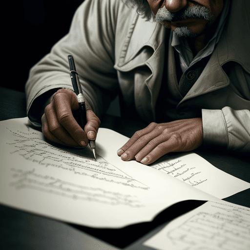 AI generated: Close up on Einstein's wrinkled hand, a quill held firmly, as he finishes inscribing the final chara...