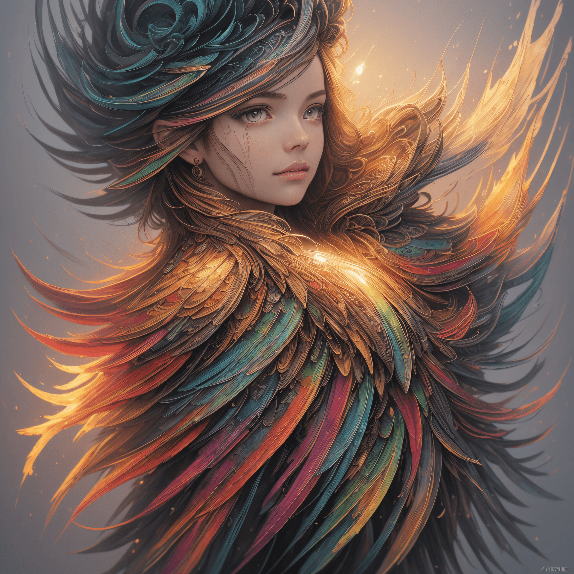 AI generated: girl, majestic fenix bird Oil painting, 3d, hyperdetailed and intricated fantasy majestic fire fenix...