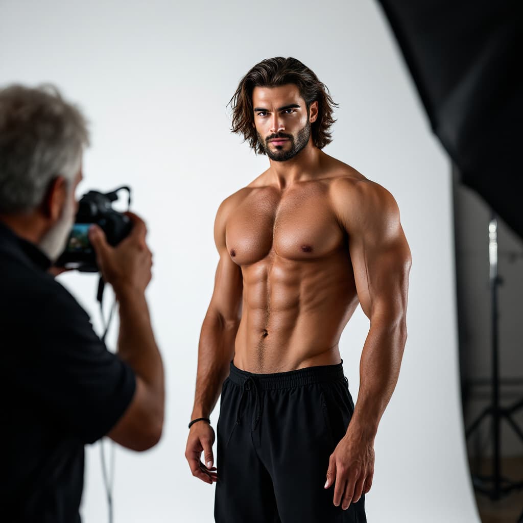 AI generated: high-resolution photo, muscular, handsome young arabic male fashion model, with medium long hair, we...