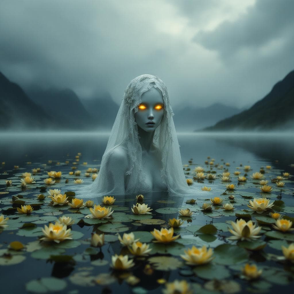 AI generated: A haunting, surreal scene unfolds on a still, ink-dark lake cloaked in mist. A ghostly figure with a...