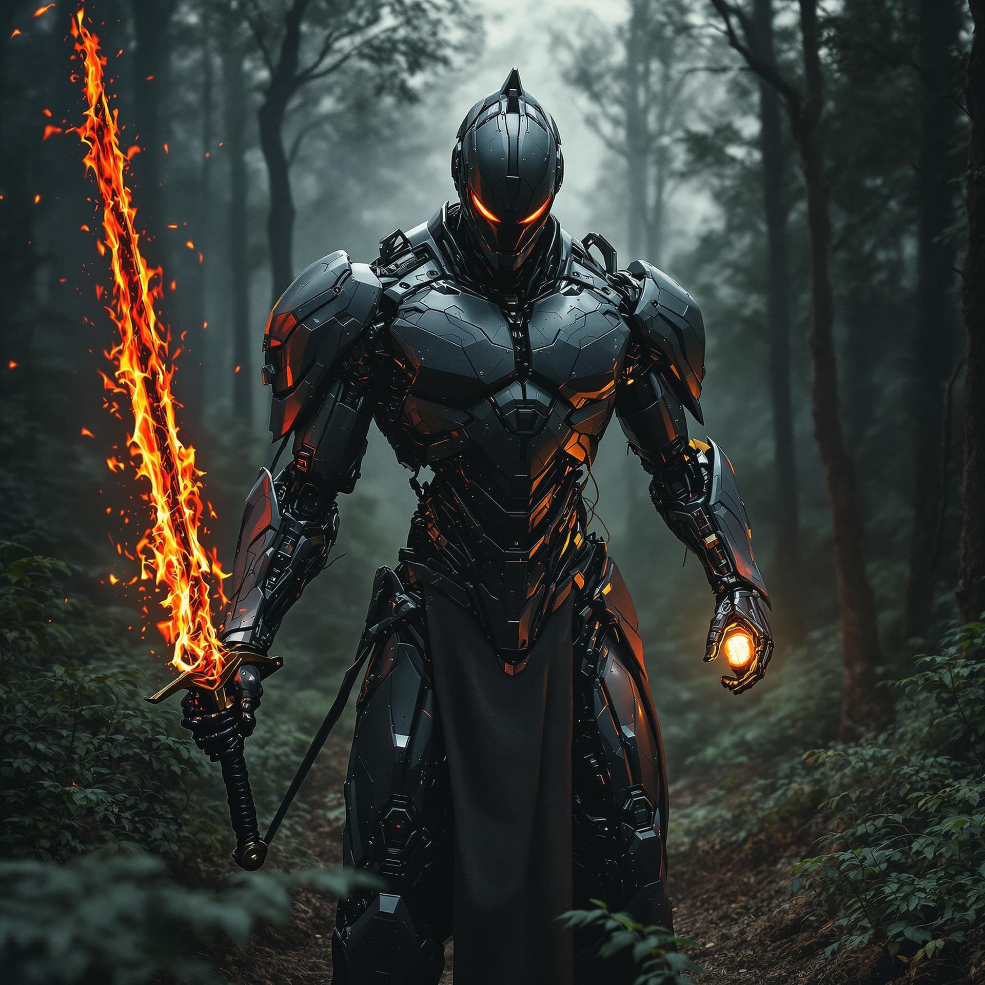 AI generated: The real photo is of a powerful man, with a futuristic cybernetic robot body, in the middle of a dar...
