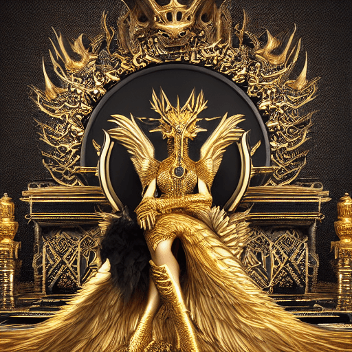AI generated: A very beautiful queen sitting on a black throne made of gold, with a serpent-dragon like elements a...