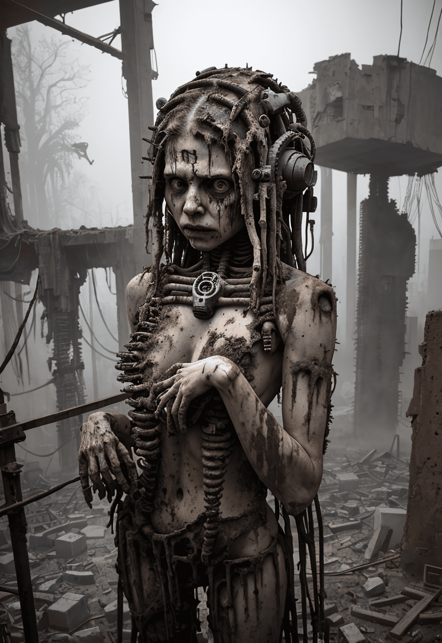 AI generated: a biomechanical priestess standing in the ruins of a forgotten world, her body partially fused with ...