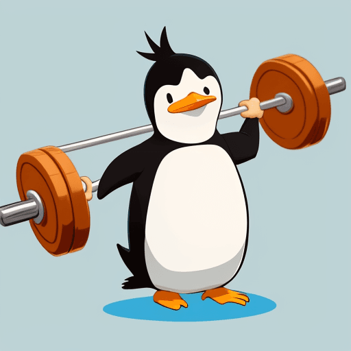 AI generated: Cartoon, a penguin with a strong body, lifting a barbell, he look confident and is smilling,