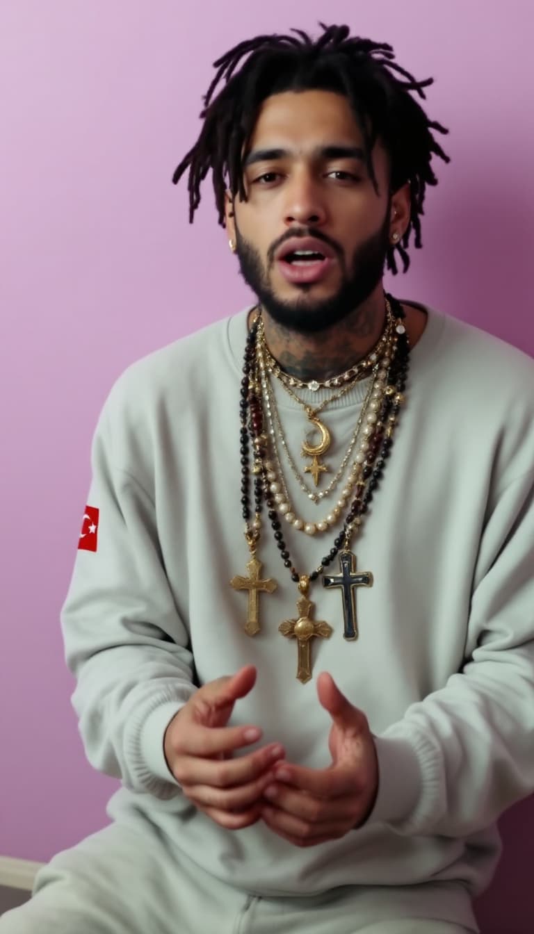 AI generated: A rap artist with rosaries and jewelry around his neck and hands. His legs are not in the frame. He ...