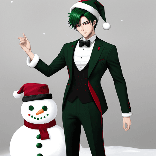 AI generated: Make an anime male with a snowman head. Dressed in a red, black, emerald green, and white tailored s...