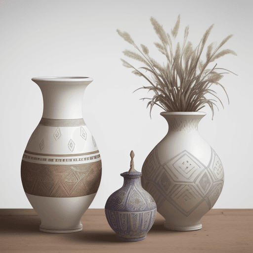 AI generated: watercolor painting of some handmade african vases with dry plants inside, white background, boho st...