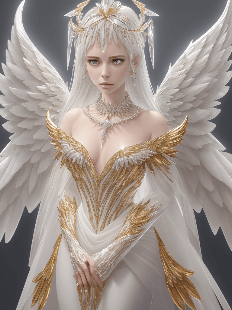 AI generated: dramatic gold, white gold,elegant, crystal quartz, pearl, human angel featured collar style necklace...