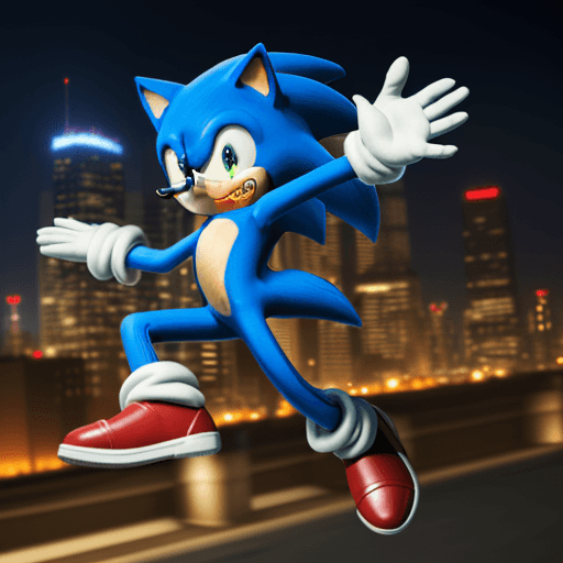 AI generated: Create an action shot of Sonic from the Sonic the hedgehog game, wearing his gloves and red pointy s...