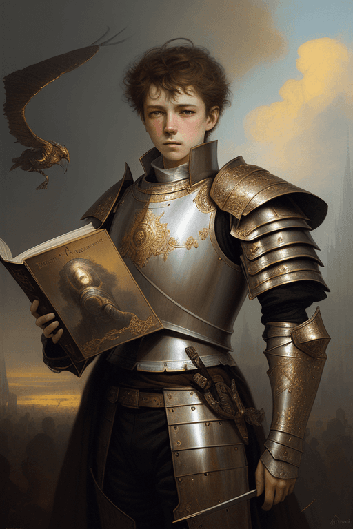 AI generated: breathtaking soft painting of arthur rimbaud with an intricate knight armor in a golden sky, books f...