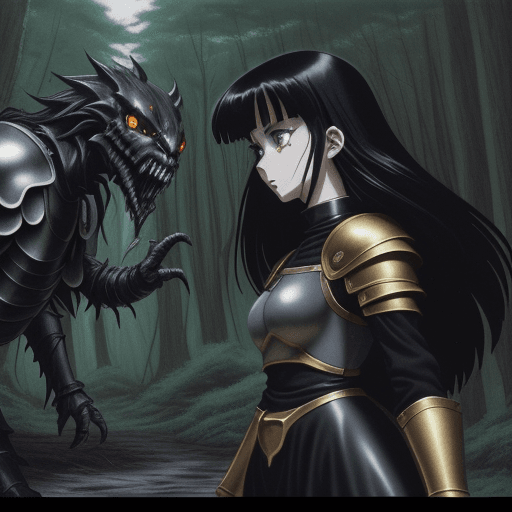 AI generated: dark horror fantasy, ”a girl with black hair and golden eyes in armor fights with a monster in the f...