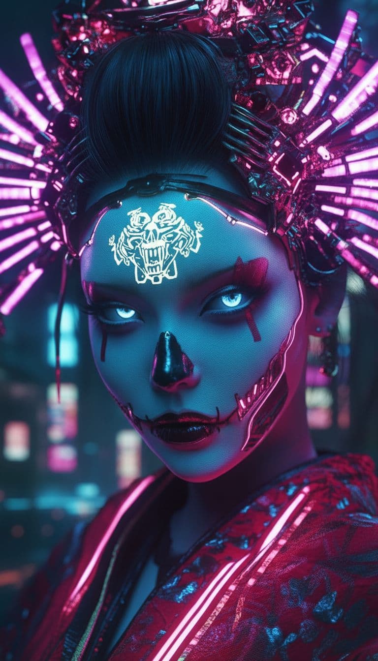 AI generated: DARK HYPER REALISTIC, face MEDIUM CLOSE-up, CG high model, Elegant [goth geisha] with neon glowing m...
