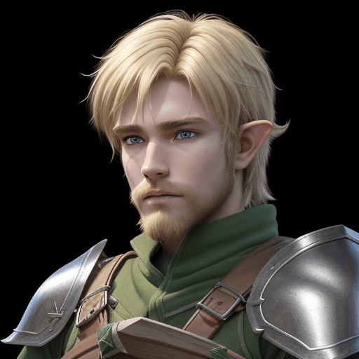 AI generated: 18 year old Half-Elf male from D&D, shaggy blonde hair, blonde bearded, ranger, black and green weak...