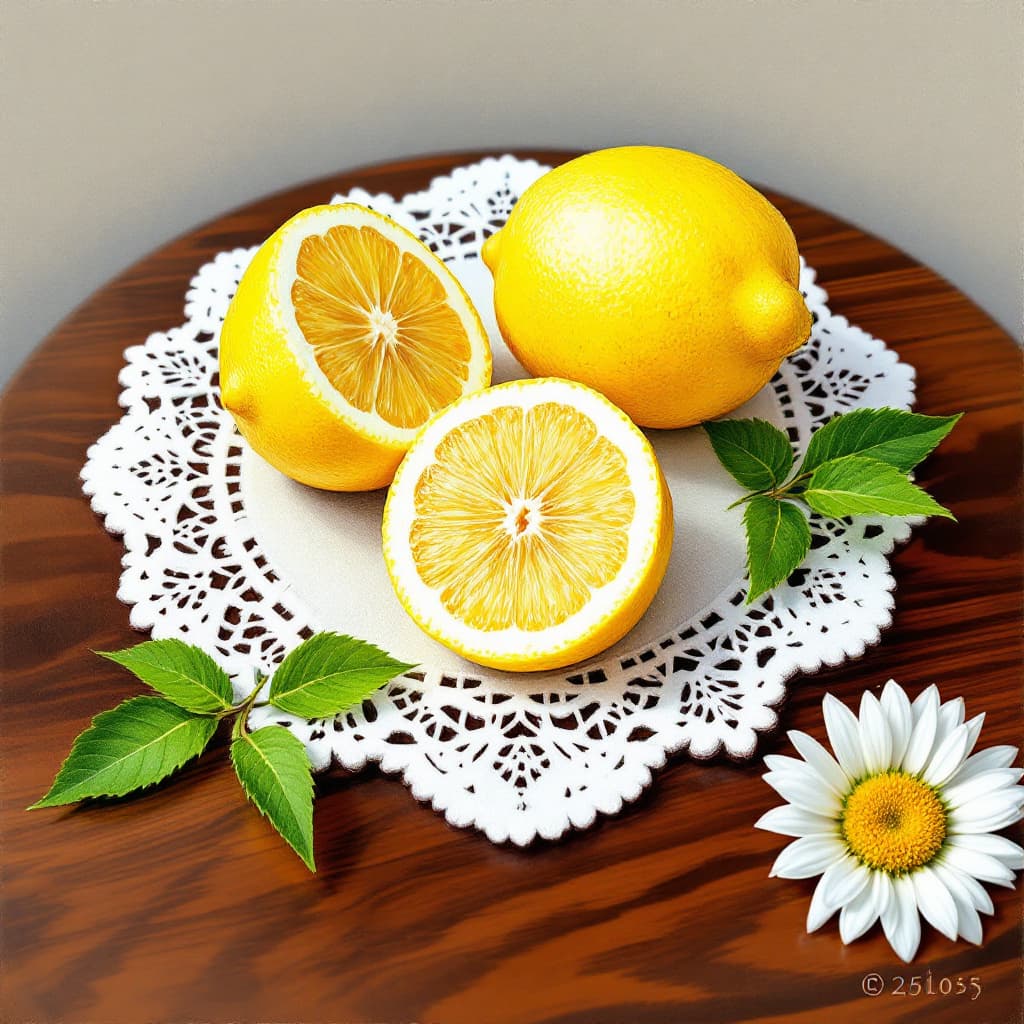 AI generated: hyper realistic illustration of  three sliced lemons ,   on a chalk white doily and with a nearby da...
