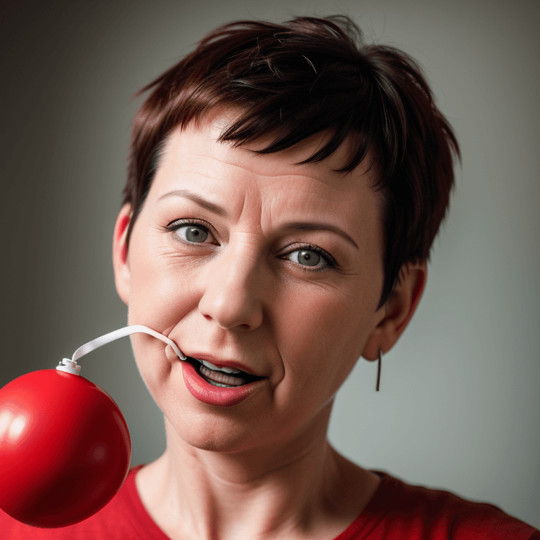AI generated: hyper realistic headshot photo of a 40 year old woman, wearing a red gag ball, short hair, Extreme C...