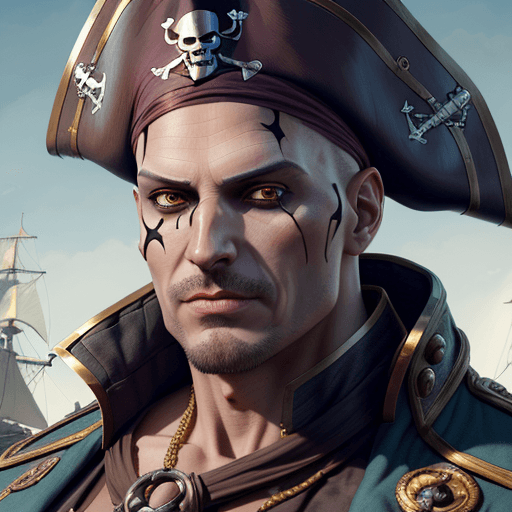 AI generated: male villain, bald, face mummy skin, no facial hair, pirate captain, pirate captain outfit, pirate c...