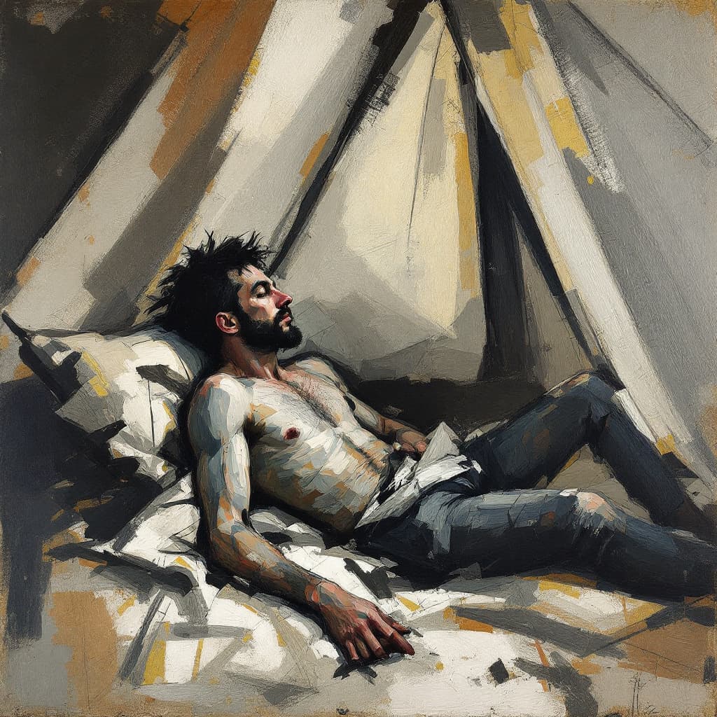 AI generated: A man in a bediun tent in the 1890s, Picasso, older work. Abstract. 
