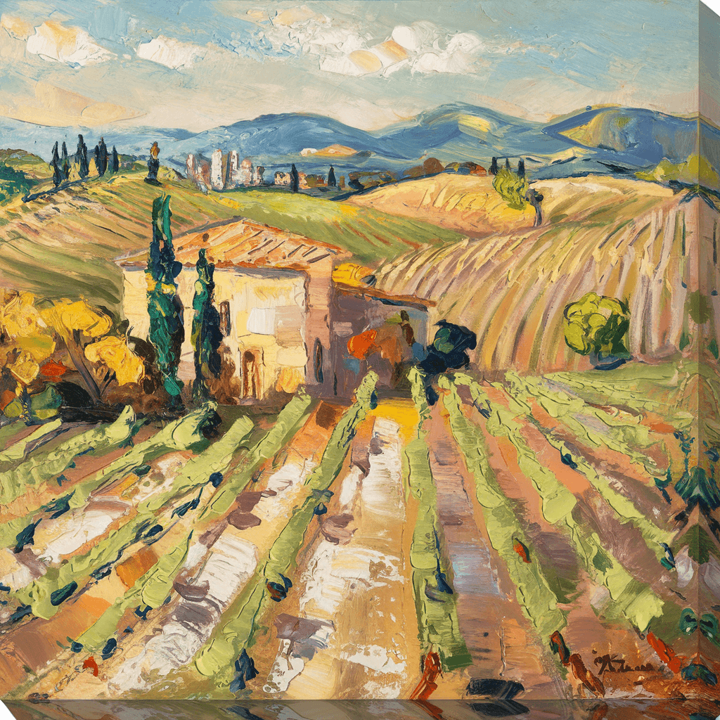 AI generated: impressionist painting on canvas of Tuscany, beautiful landscape with Tuscan farmhouse, in the style...