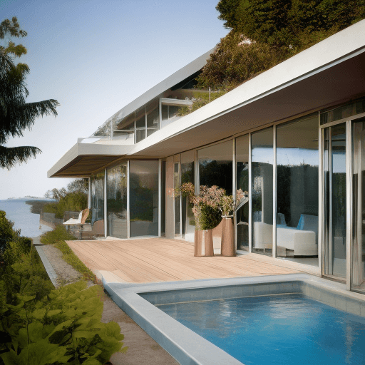 AI generated: Hyper realistic eye level exterior photo of a mid century modern style house overlooking the ocean, ...
