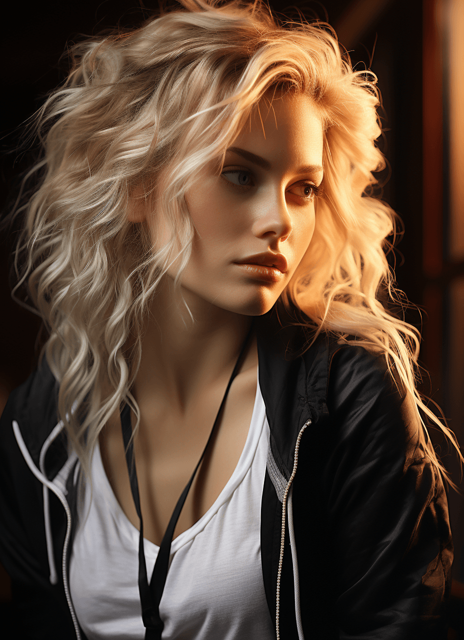 AI generated: girl with blond hair in black and a white, in the style of eve ventrue, vacation dadcore, photo-real...