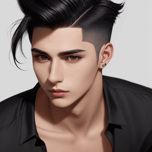 AI generated: Handsome young male man of 23 year , silky smooth jet black  medium hair with undercut funky hair st...