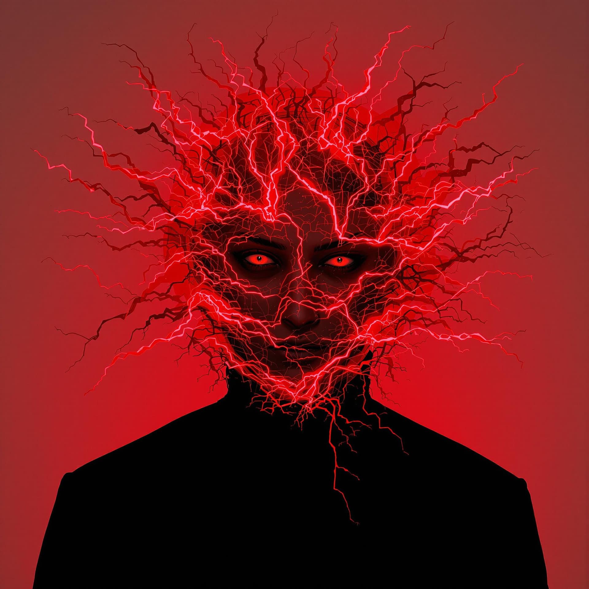 AI generated: high resolution shooting, front view, bloody red color, A MAN figure, upper body, empty eyes, gaze, ...