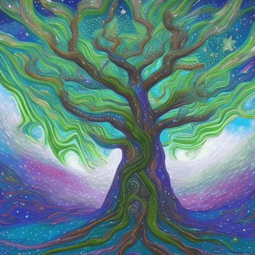 AI generated: bright painting of a tree with stars in the sky, in the style of dreamlike fantasy creatures, multil...