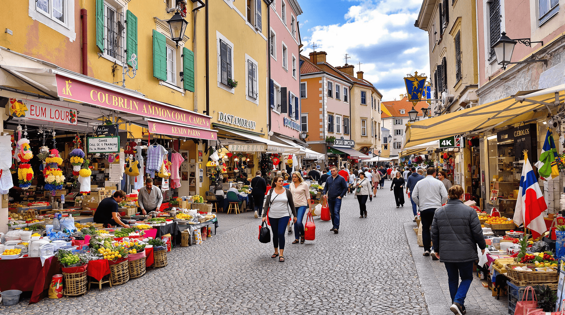 AI generated: A bustling local market in a small European town, vibrant colors, cultural details, 4K resolution."