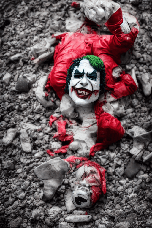 AI generated: Realism, toys, toys photography, joker, toys of joker, bloody, on the street, town, burn town, destr...
