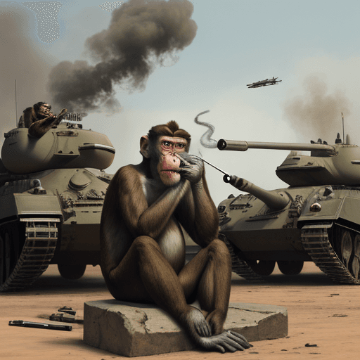 AI generated: hyperrealistic monkey smoking cigarettes during war, he is sittin on big bombs, in the background ta...
