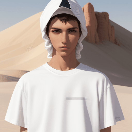AI generated: a human manikin, attached over sized white. t-shirt with an uploaded logo, desert setting

