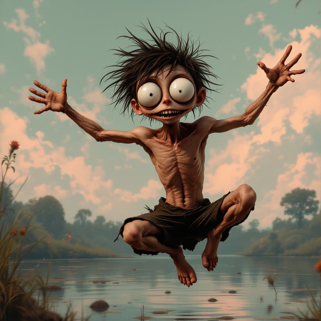 AI generated: an extremely skinny wiry punk guy with huge eyes, chopped shaggy hair, strange, no shoes, no shirt, ...