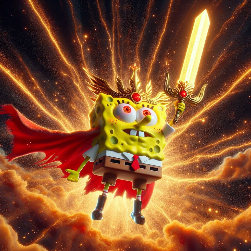 AI generated: Spongebob is the mightiest god with a sword, red eyes, heroic pose action, divine and celestial ligh...