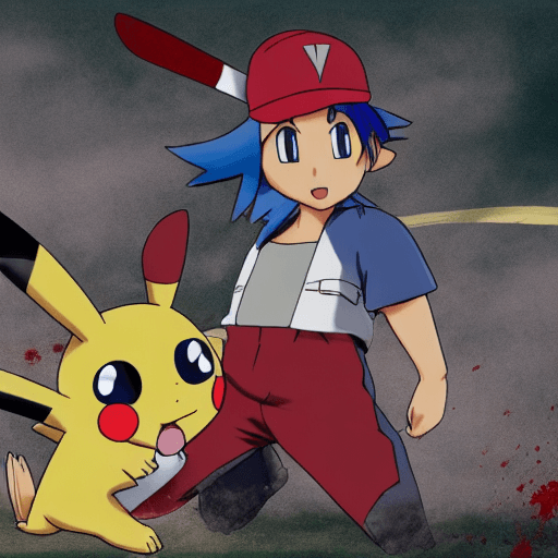 AI generated: Hyper realistic photo of Ash Ketchum and Pikachu in a bloody battle between Team Rocket