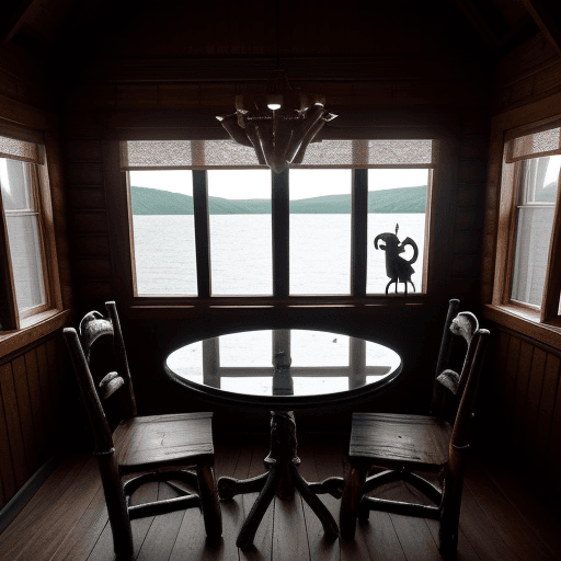 AI generated: Dark inside a seaside log cabin, full daylight, one small window in the center of each wall, wooden ...