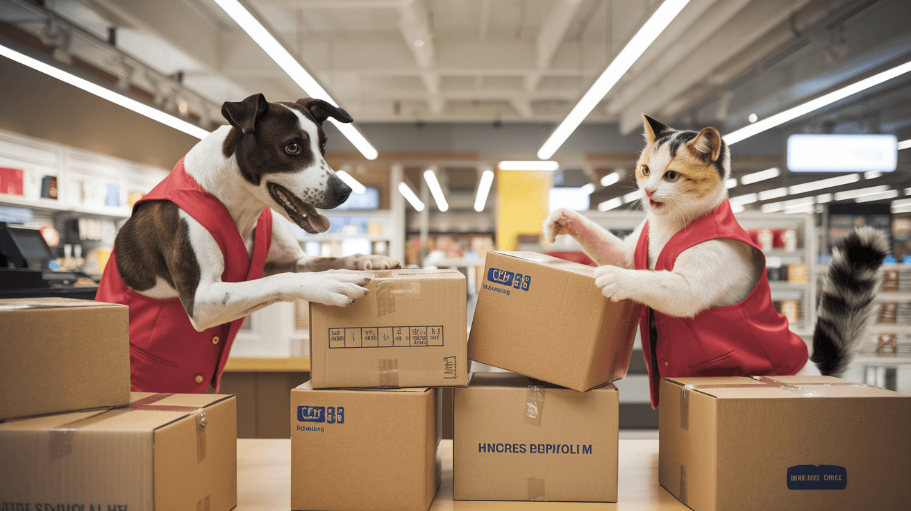 AI generated: A lifelike scene of a dog and a cat working together as employees wearing red vest in a retail store...