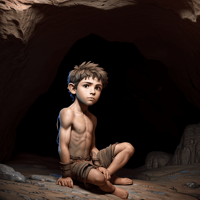 AI generated:  a young prehistoric boy sits in a cave, frontal view, 8k