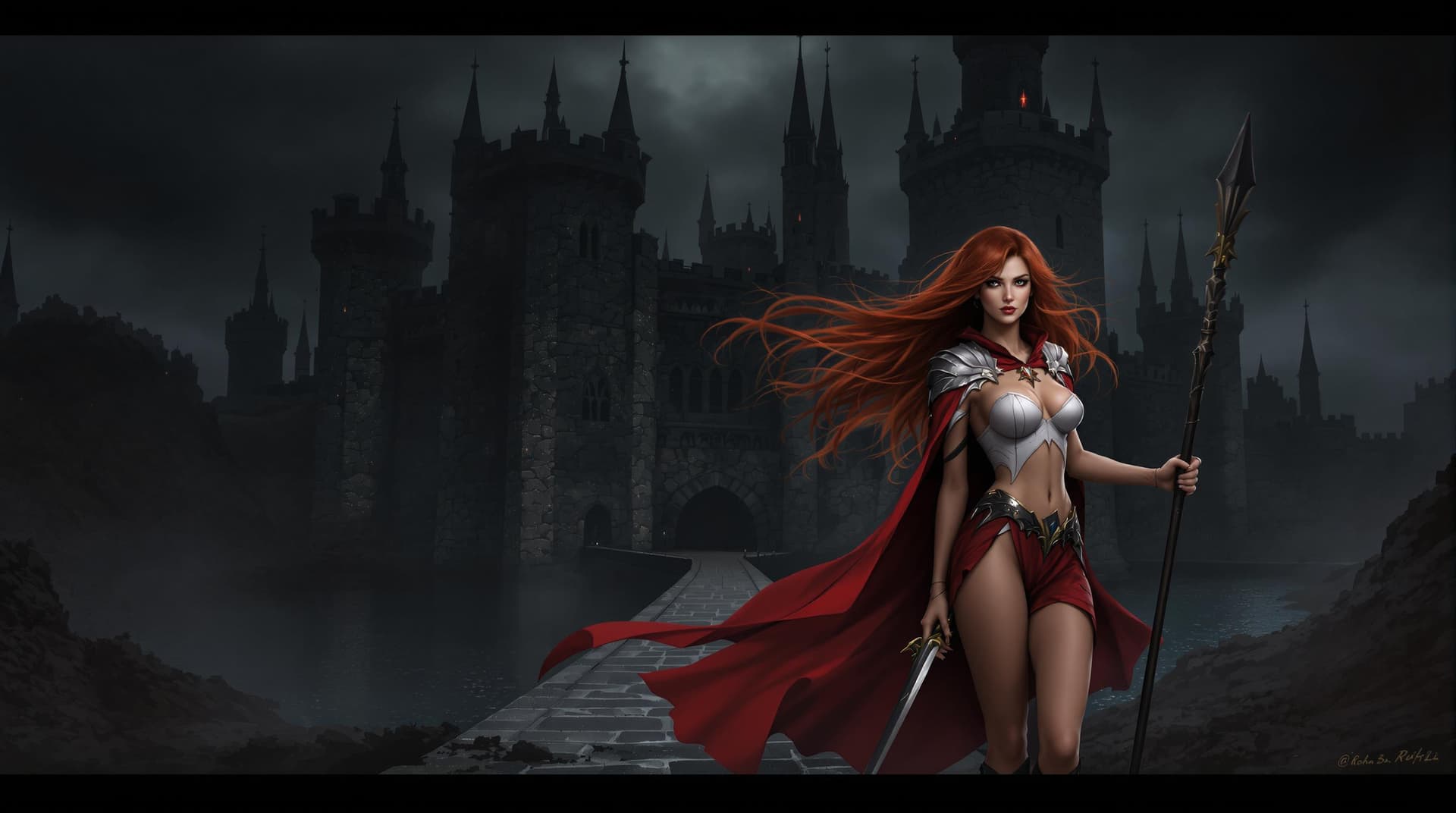 AI generated: a woman with long, flowing red hair and a white bodice with a red cape, standing in a dark and omino...