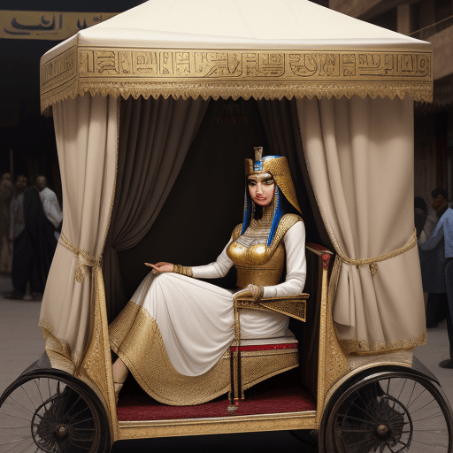 AI generated: Photo of a ultra realistic An Egyptian princess in a luxurious sedan chair with curtains looking at ...
