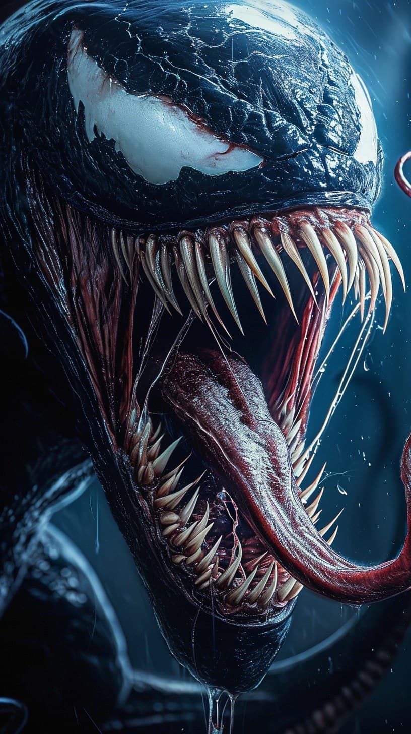 AI generated: a close up of a venom with its mouth open, film key art, by Charles Fremont Conner, full image, clea...