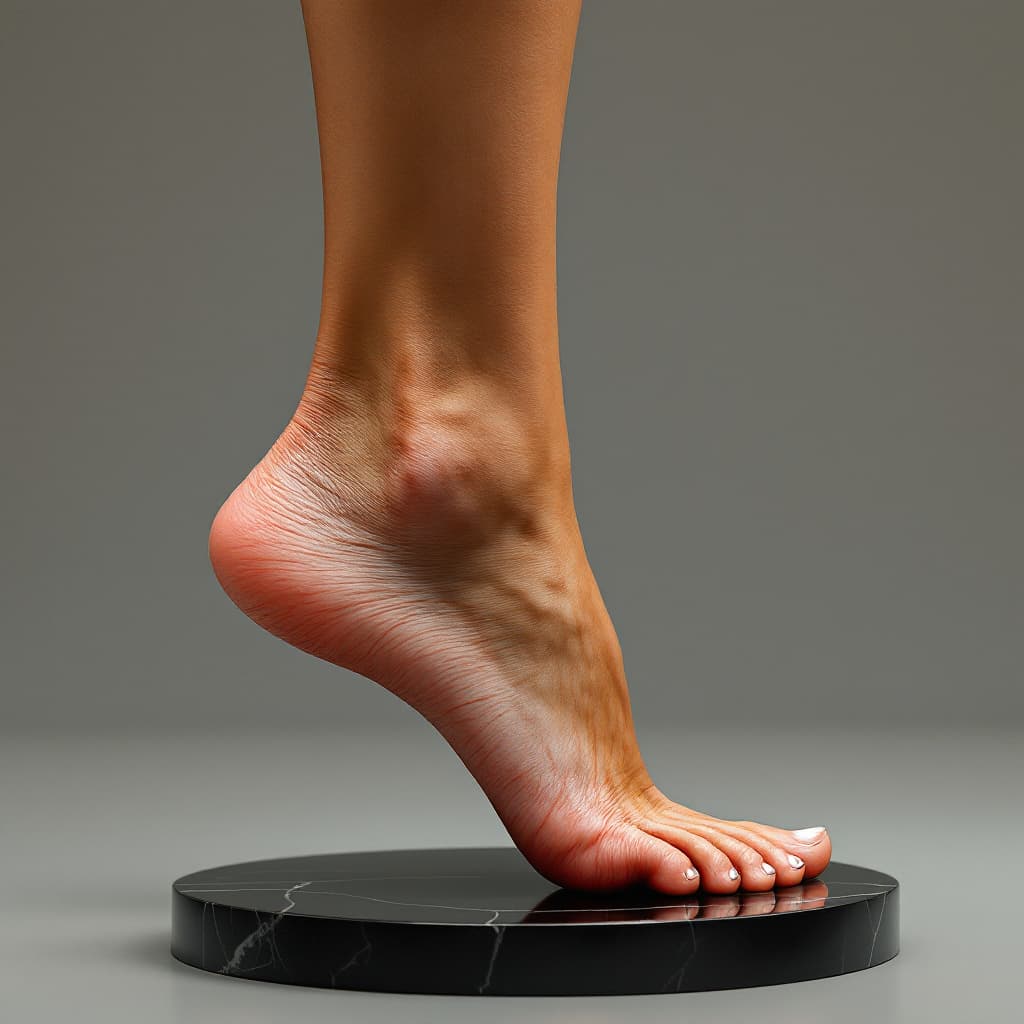 AI generated: Create a Side view of a 30 year old woman with Skinny narrow, heavily veined tanned  feet, highly cu...