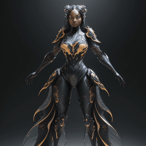 AI generated: gorgeous lady, full portrait, calypso color, smooth glossy nanotech full body armour, black gold out...